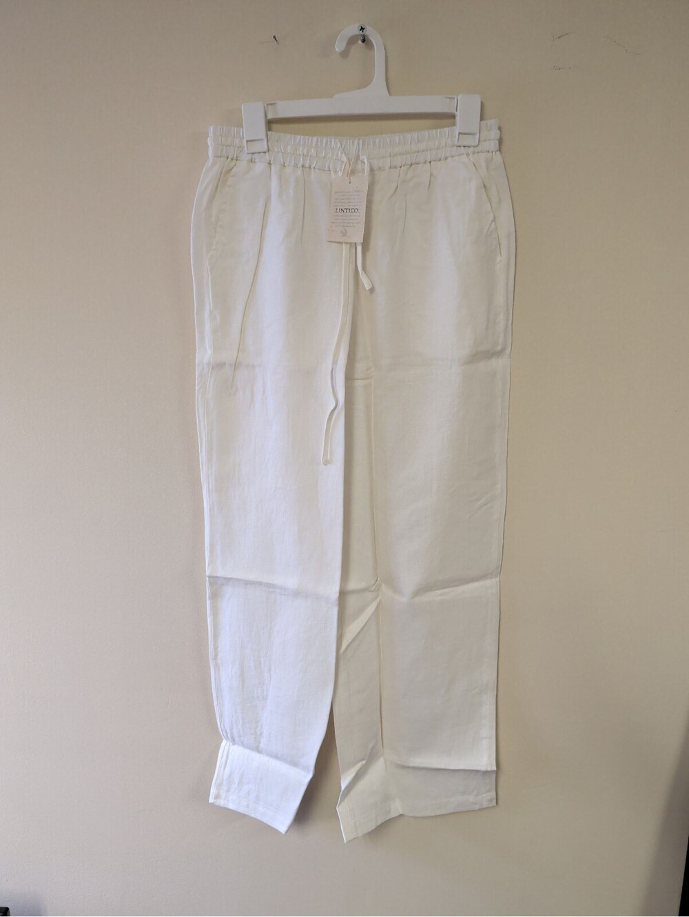 Lintico White Linen Casual Pants with Elastic Waist, Size M